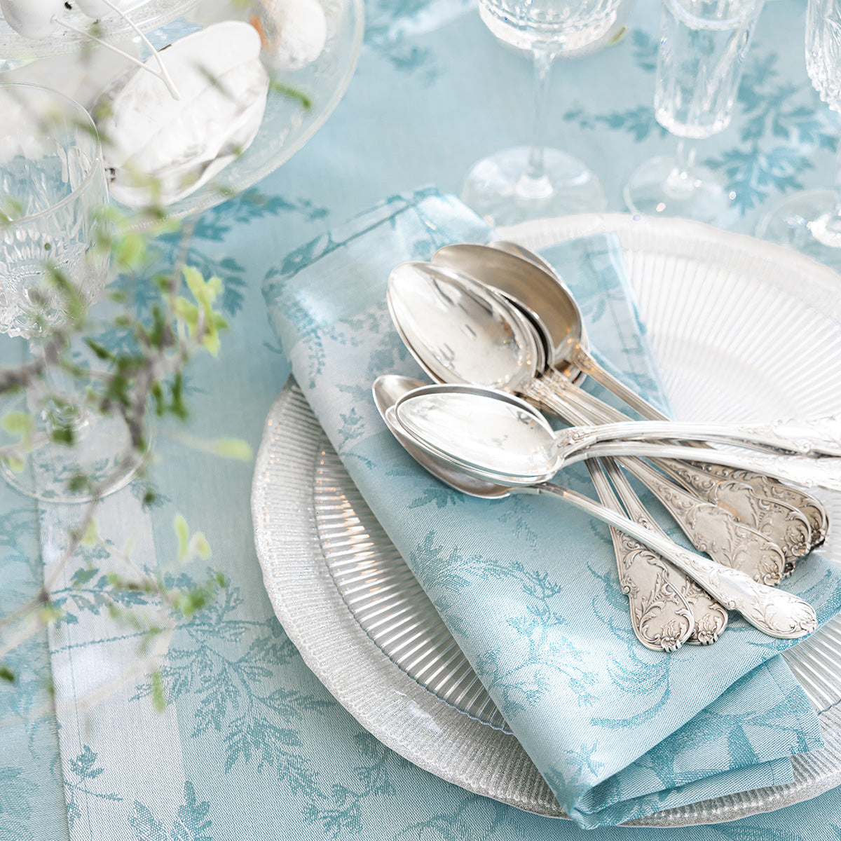 Jardin D'eden Blue Tablecloth by Le Jacquard Francais