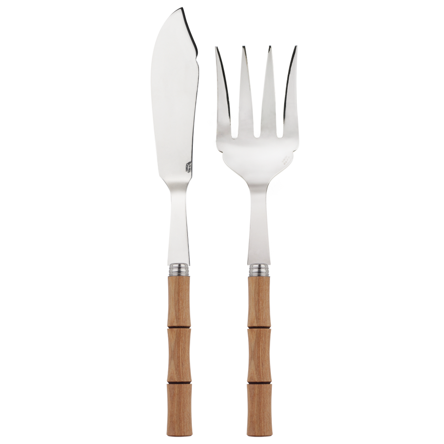 Bamboo-handled fish serving set featuring a stainless steel knife and fork, perfect for elegant dining.