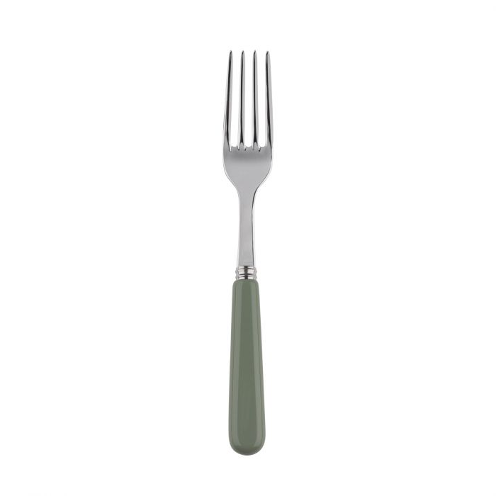 Silver salad fork with a sleek design and a green handle, ideal for casual dining and elegant table settings.