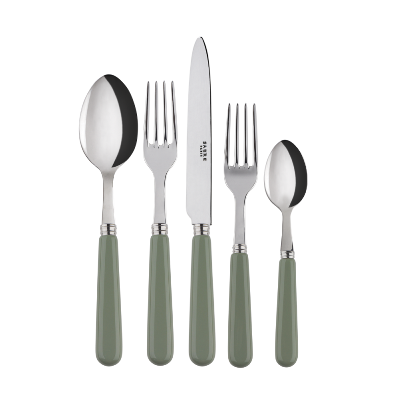 Five-piece place setting featuring stainless steel utensils with green handles, including a spoon, fork, knife, dessert fork, and teaspoon.