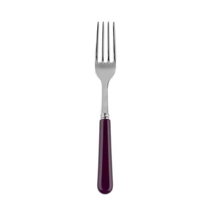 Stainless steel dinner fork with a sleek design and a deep purple handle, ideal for everyday dining.