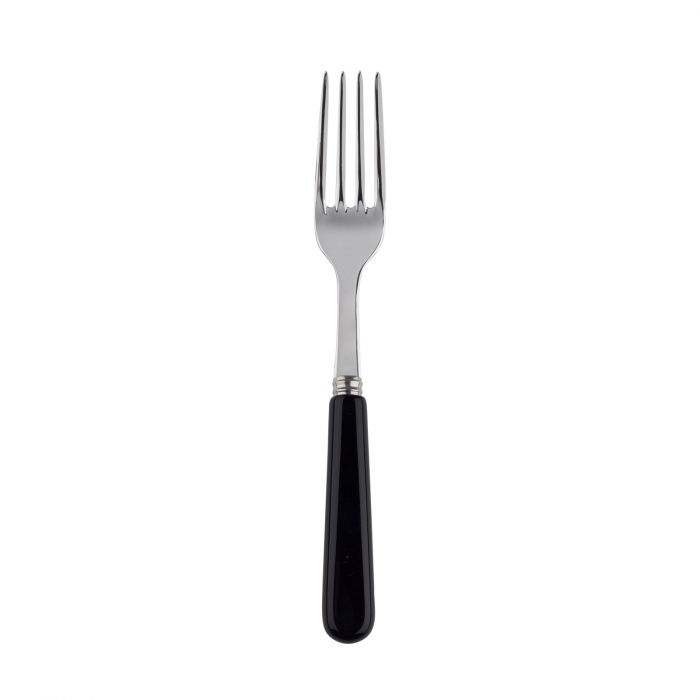 Stainless steel salad fork with four tines and a sleek black handle, ideal for casual dining.