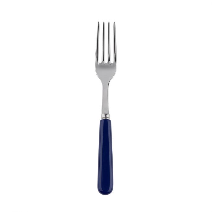 Silver dinner fork with four tines and a navy blue handle, showcasing a sleek and modern design.