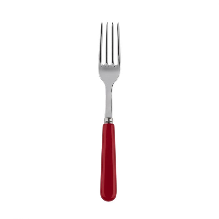 Silver dinner fork with a red plastic handle, featuring four prongs and a sleek design. Ideal for everyday dining.