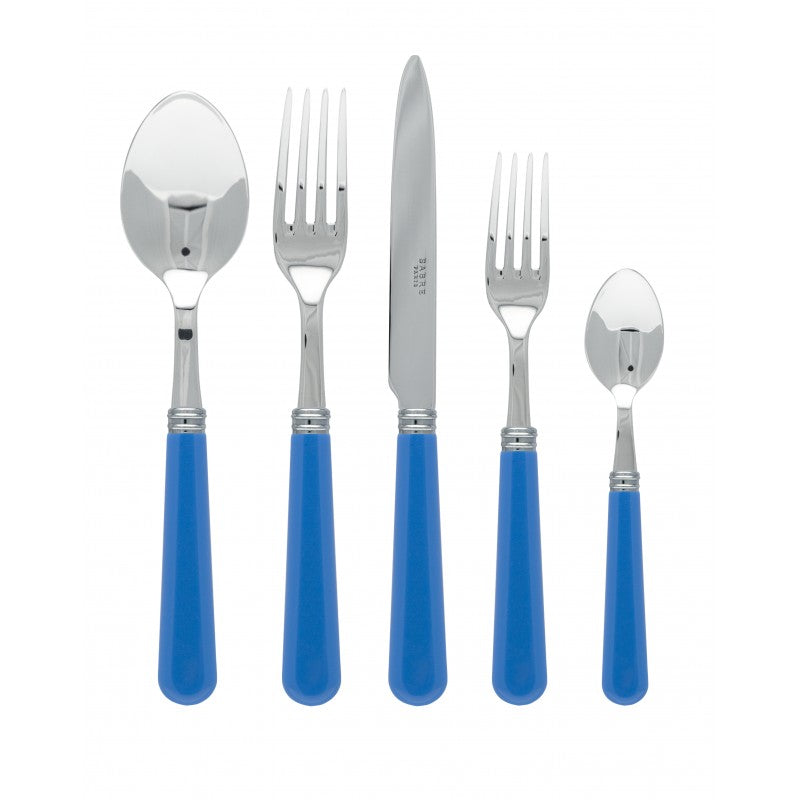 Five-piece place setting featuring stainless steel utensils with vibrant blue handles, including a dinner spoon, fork, knife, salad fork, and teaspoon.