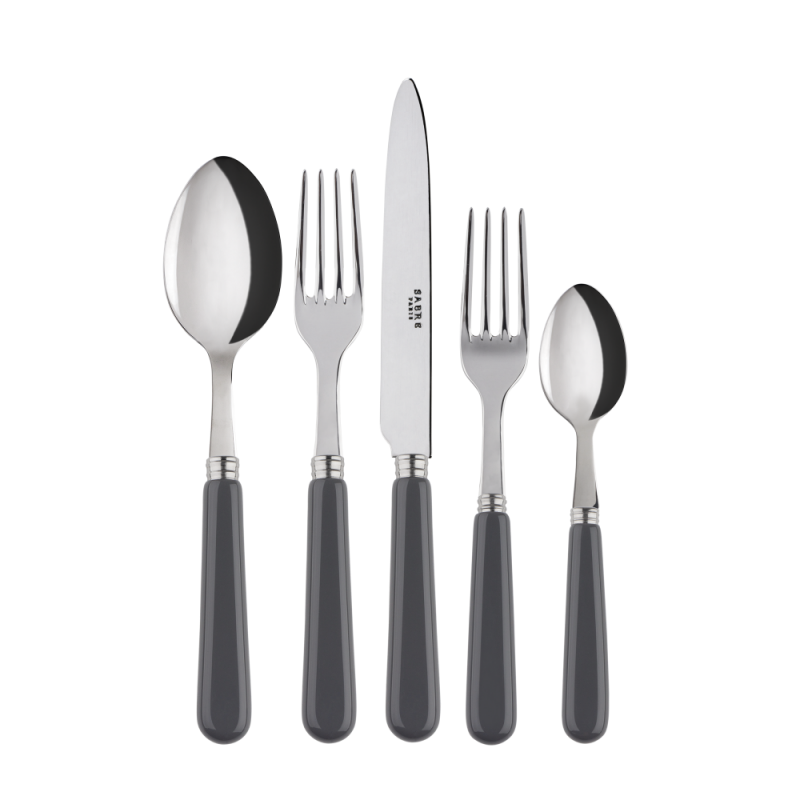 Five-piece place setting featuring a spoon, fork, knife, dessert fork, and dessert spoon with sleek gray handles.