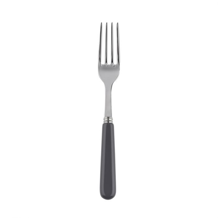Silver salad fork with four prongs and a sleek black handle, designed for elegant dining.
