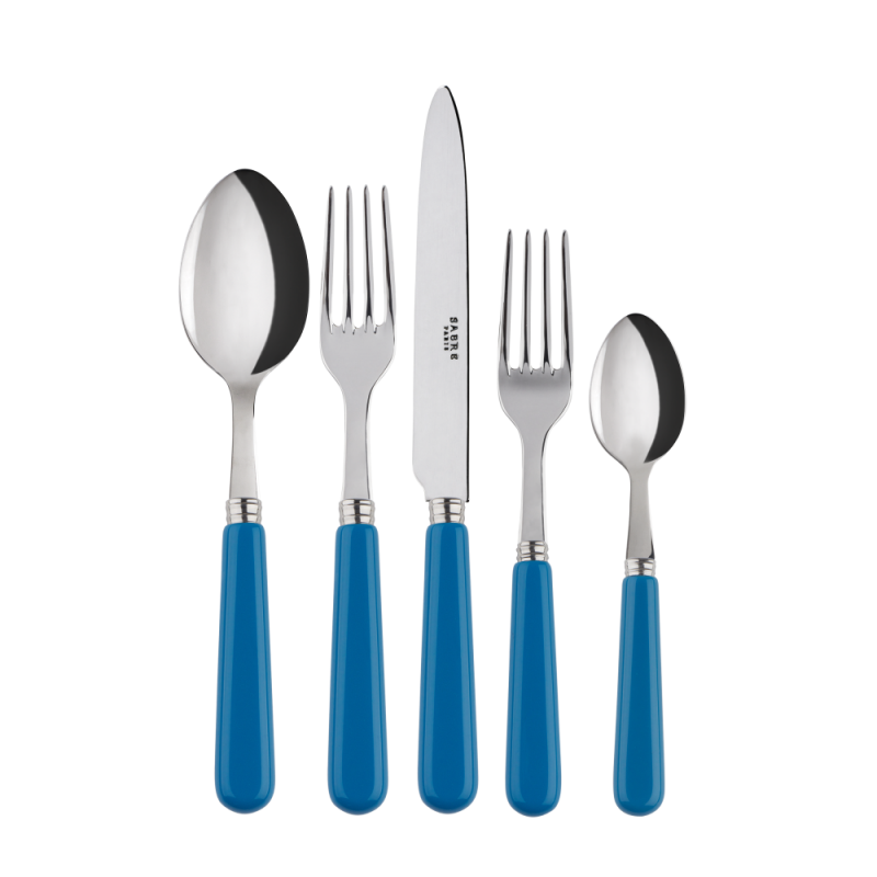 Five-piece place setting featuring stainless steel utensils with vibrant blue handles, including a spoon, fork, knife, dessert fork, and teaspoon.