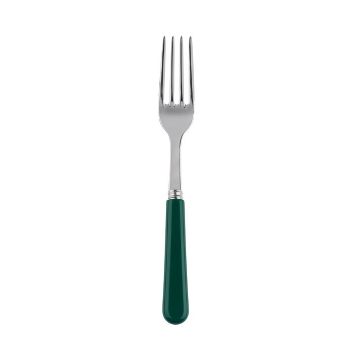 Silver dinner fork with four tines and a green plastic handle, showcasing a simple and modern design.