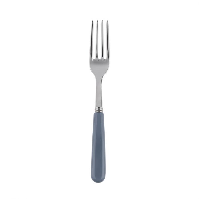 Silver salad fork with a sleek design and a blue plastic handle, ideal for casual dining.