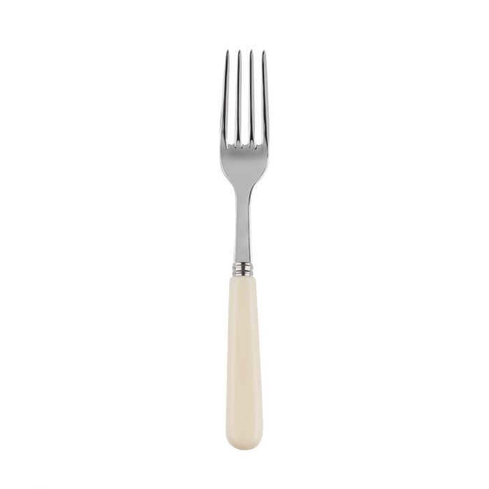 Silver dinner fork with a sleek design and a cream-colored handle, ideal for everyday dining.