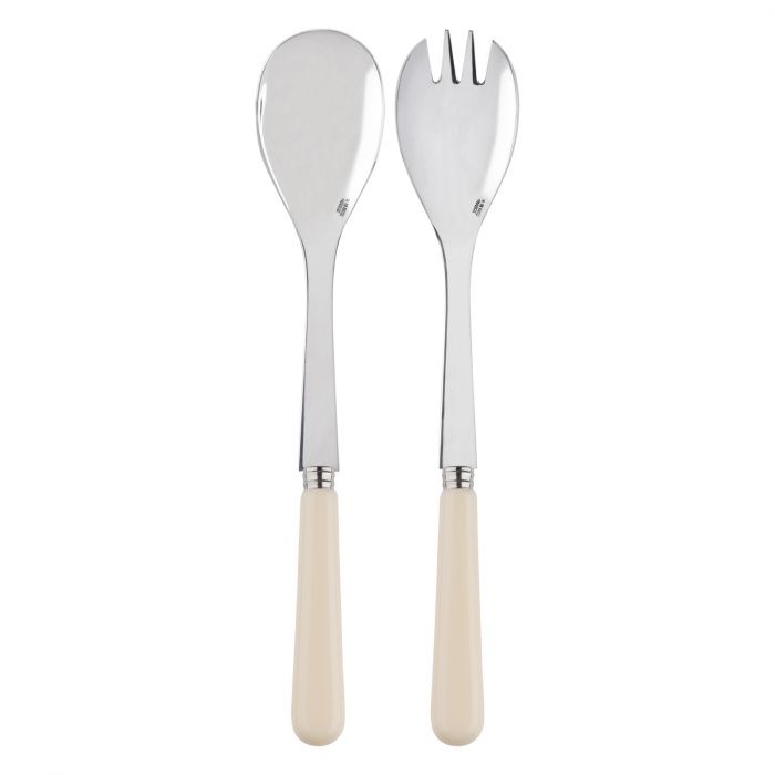 Stainless steel salad set featuring a spoon and fork with cream-colored handles, ideal for serving salads.