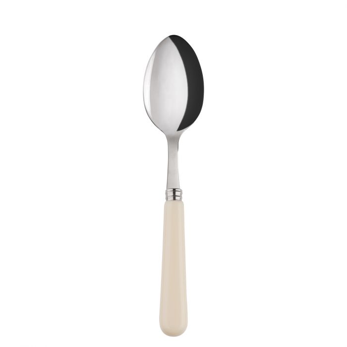 Stainless steel soup spoon with a polished bowl and a cream-colored handle, designed for everyday use.