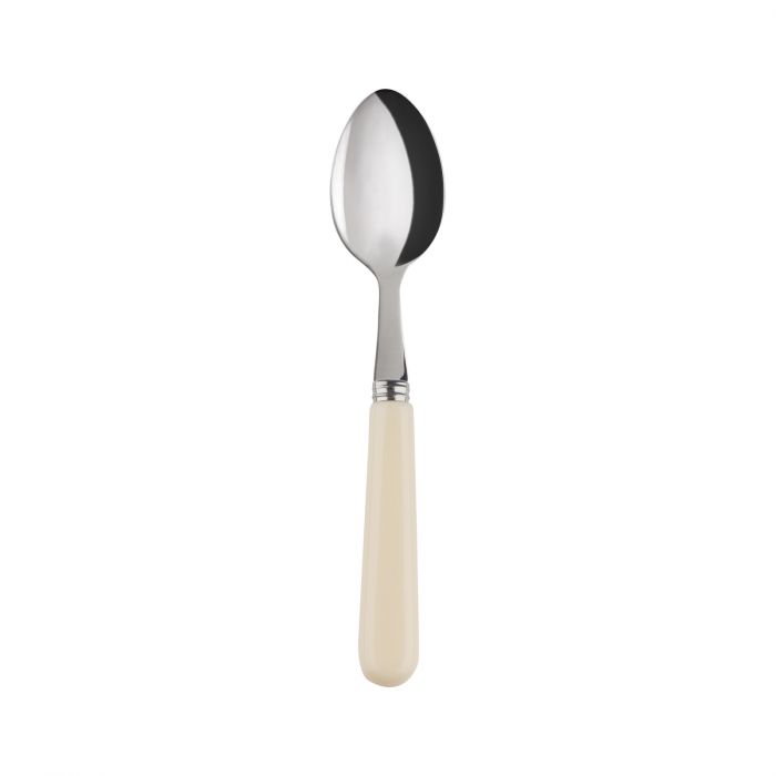 Stainless steel teaspoon with a sleek, shiny bowl and a cream-colored handle, perfect for everyday use.