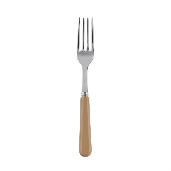 Stainless steel salad fork with a beige plastic handle, designed for casual dining and serving salads.