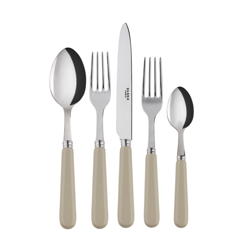 Five-piece place setting featuring a dinner fork, salad fork, knife, soup spoon, and teaspoon with beige handles.
