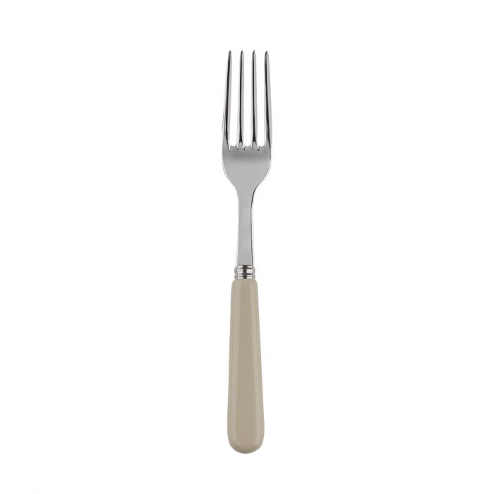 Silver dinner fork with four tines and a beige plastic handle, showcasing a simple and modern design.