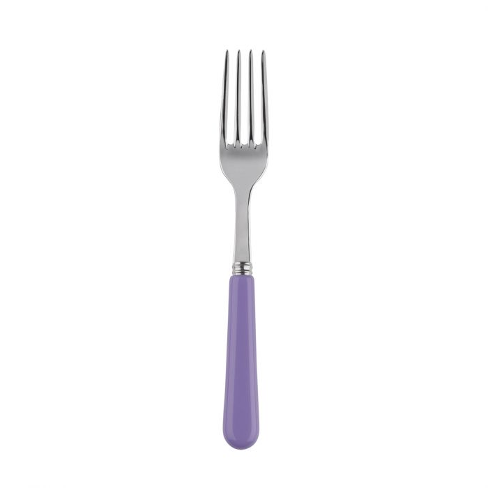 Silver dinner fork with a purple handle, featuring four tines and a sleek design, ideal for casual dining.