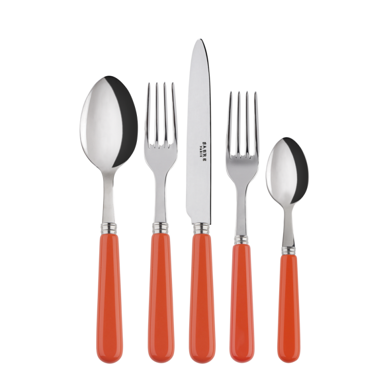 Five-piece place setting featuring stainless steel utensils with vibrant orange handles, including a spoon, fork, knife, dessert fork, and teaspoon.