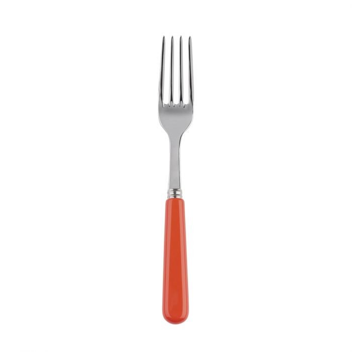 Stainless steel salad fork with a vibrant orange handle, designed for stylish dining.