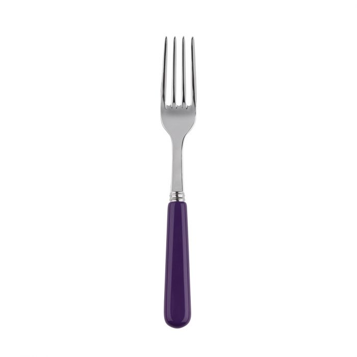 Silver dinner fork with four tines and a vibrant purple handle, designed for everyday dining use.