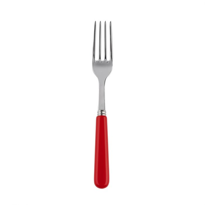 Red-handled Sabre Paris Pop Unis salad fork with four stainless steel tines, designed for casual dining.