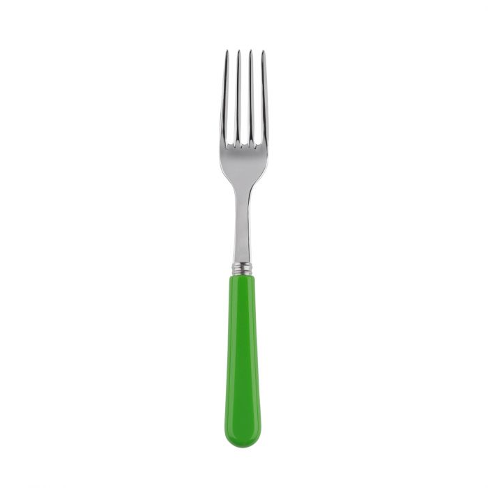 Silver dinner fork with a vibrant green handle, designed for casual dining.
