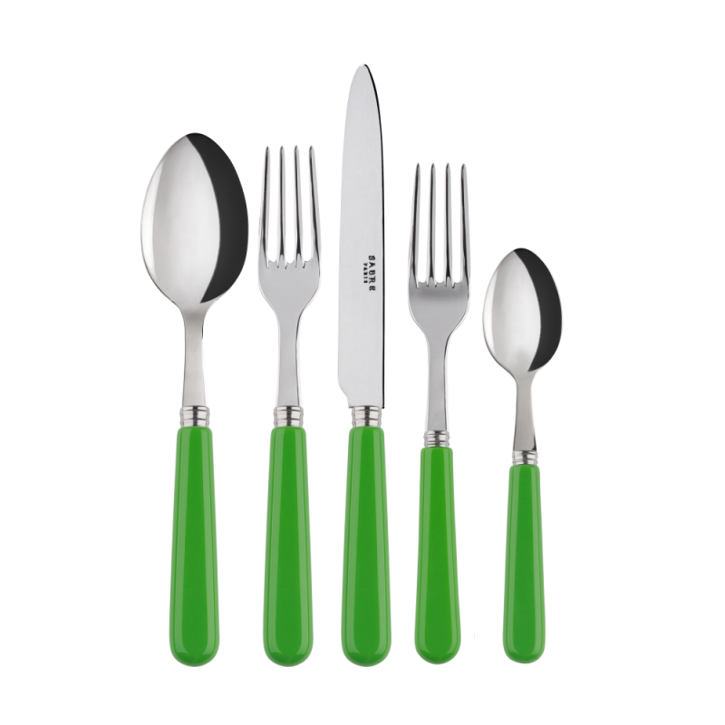 Five-piece place setting featuring stainless steel utensils with vibrant green handles, including a spoon, fork, knife, dessert fork, and teaspoon.