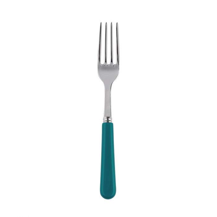 Stainless steel dinner fork with a teal plastic handle, featuring four tines and a sleek design.