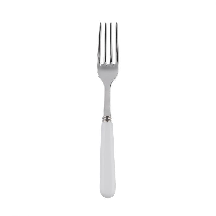 Silver dinner fork with a sleek design and a white handle, ideal for everyday dining.