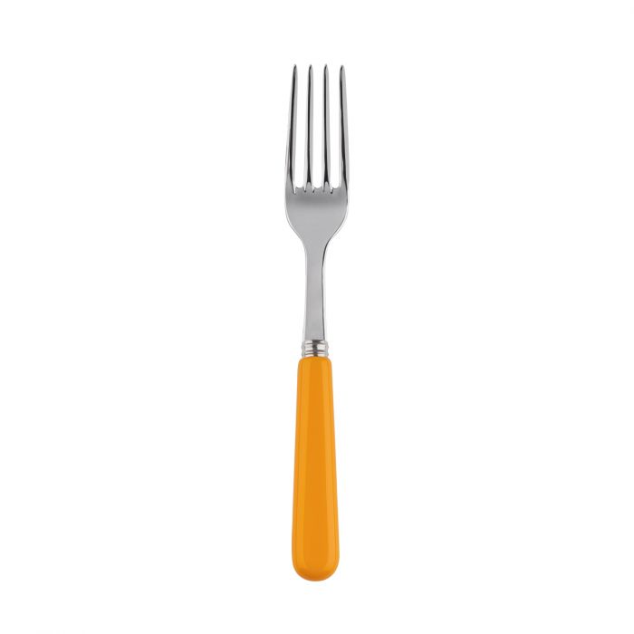 Stainless steel salad fork with a bright orange handle, designed for casual dining and everyday use.