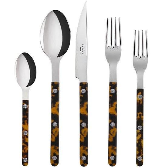 Five-piece Sabre Paris Bistrot shiny cutlery set featuring a knife, fork, and spoon with tortoiseshell-patterned handles.