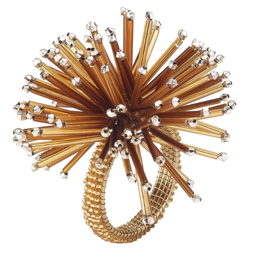 Set of 4 Bodrum Linens Urchin Gold Napkin Rings featuring a decorative design with gold spikes and crystal accents.