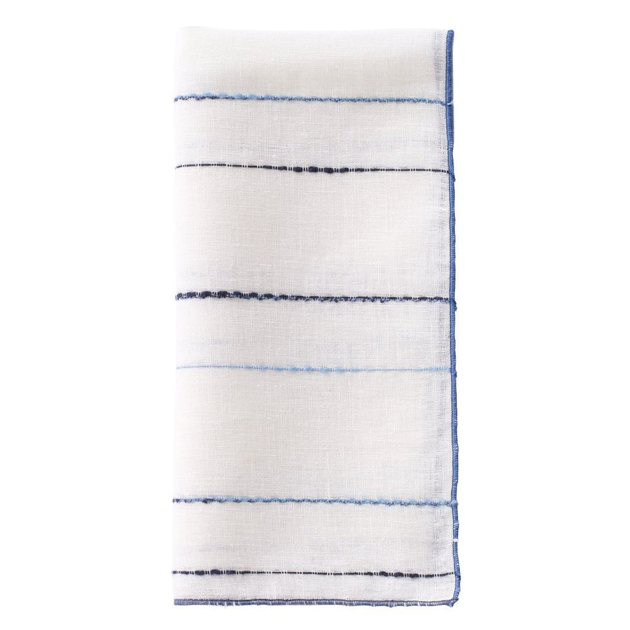 Set of four Bodrum Porto Navy Periwinkle napkins featuring a white background with navy and periwinkle stripes.
