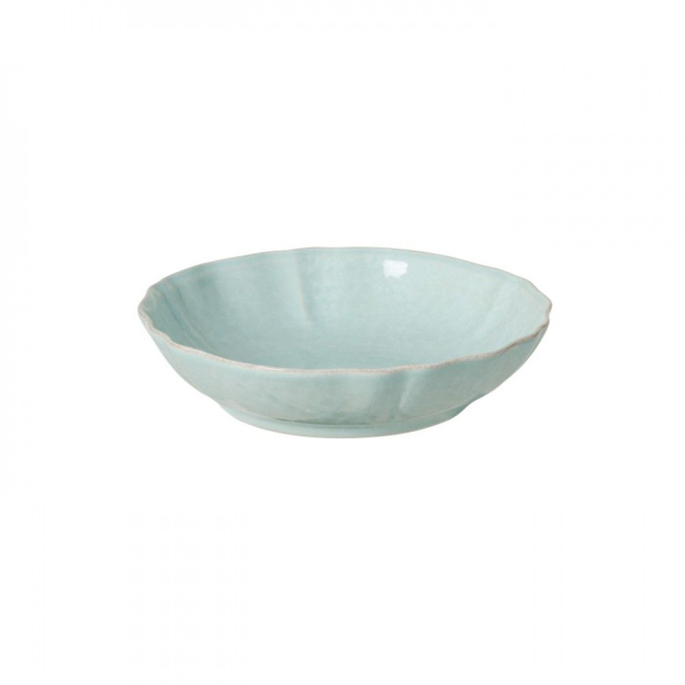 Light blue ceramic individual pasta bowl with a scalloped edge, perfect for serving pasta or salads.