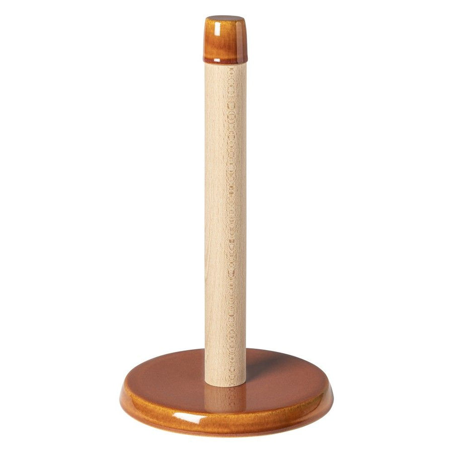 Casafina Poterie paper towel holder featuring a ceramic base and a wooden center pole for stylish kitchen organization.