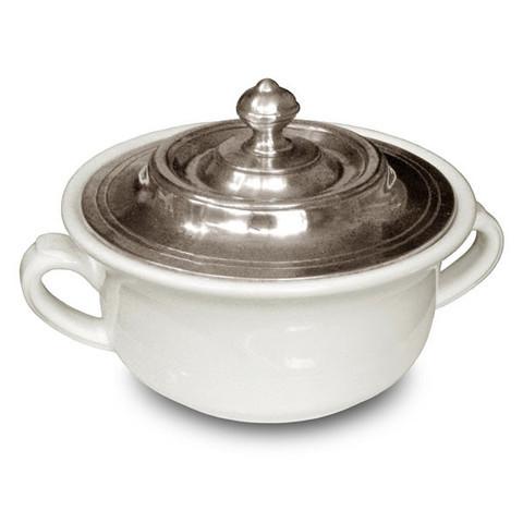 Match Pewter Convivio covered soup bowl featuring a white ceramic base and a polished pewter lid with a decorative knob.