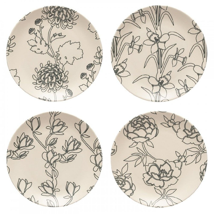 Set of four Costa Nova Elements Flora salad plates featuring elegant floral designs in black on a cream background.