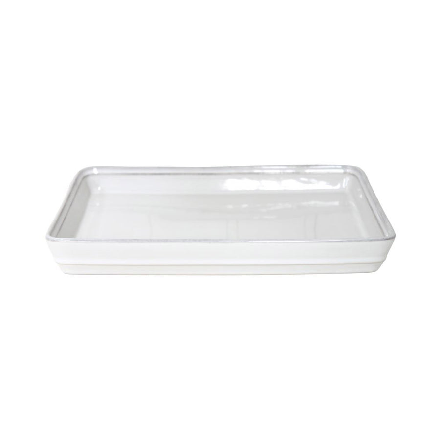 White rectangular Costa Nova Friso small tray with a glossy finish and subtle gray rim, ideal for serving or display.