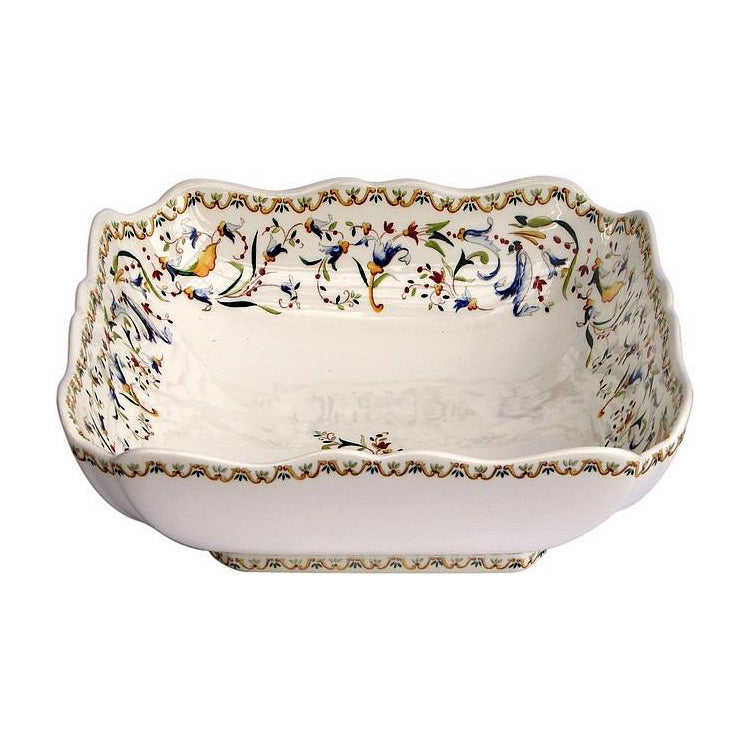 Gien Toscana square fruit dish featuring intricate floral patterns and a scalloped edge design in vibrant colors.