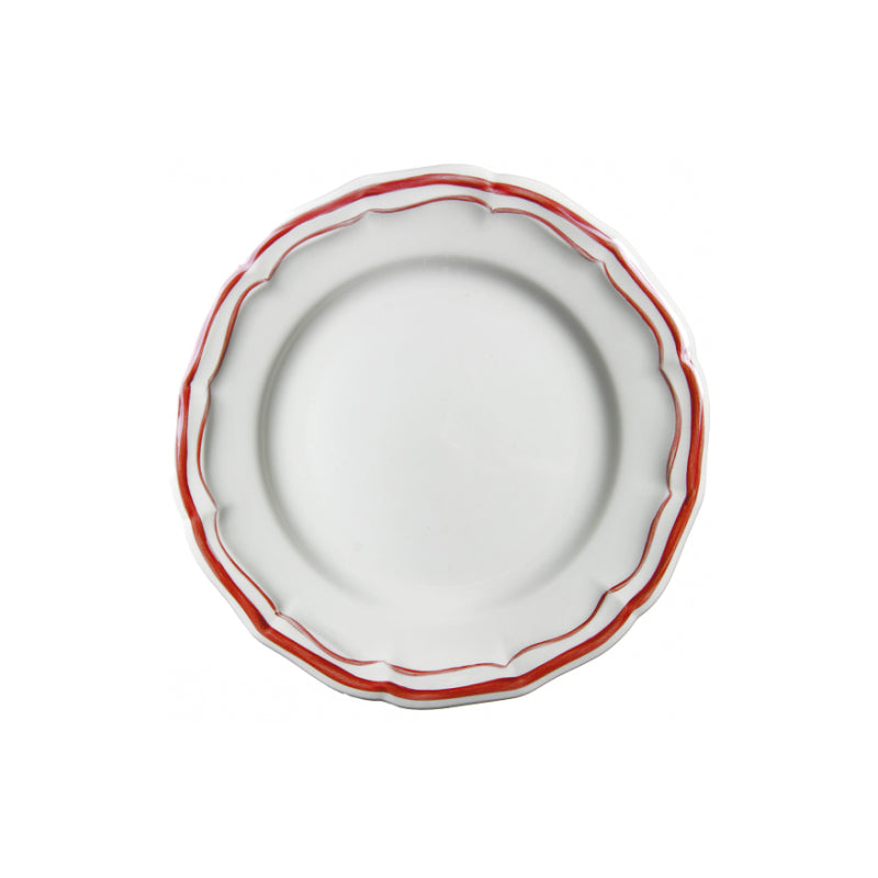 Gien Filet Red Salad Plate featuring a scalloped edge and red trim on a white background. Ideal for elegant dining.