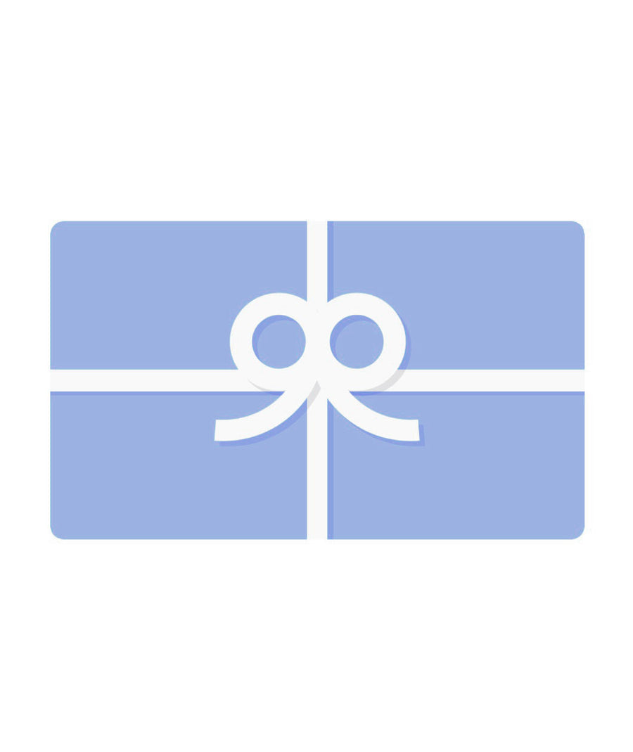 Digital gift card design featuring a simple blue card with a white ribbon and bow illustration.