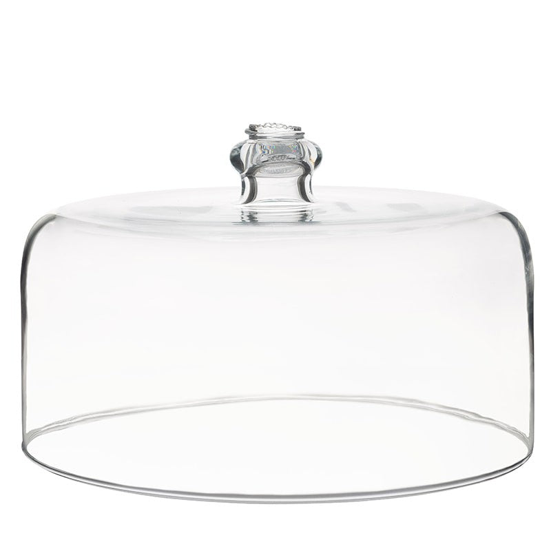 Clear glass cake dome with a decorative knob on top, designed to showcase and protect baked goods.