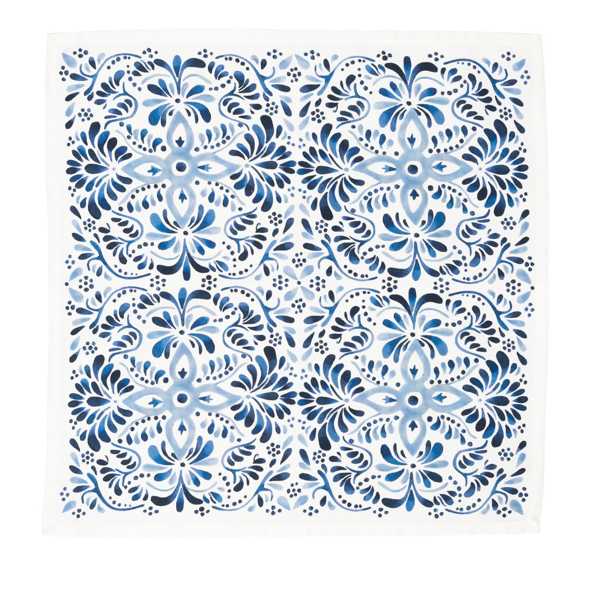 Set of four Juliska Iberian Journey Indigo Napkins featuring intricate blue floral patterns on a white background.