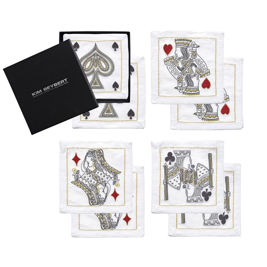 Set of 8 Kim Seybert House of Cards cocktail napkins featuring playing card designs in black, red, and gold.