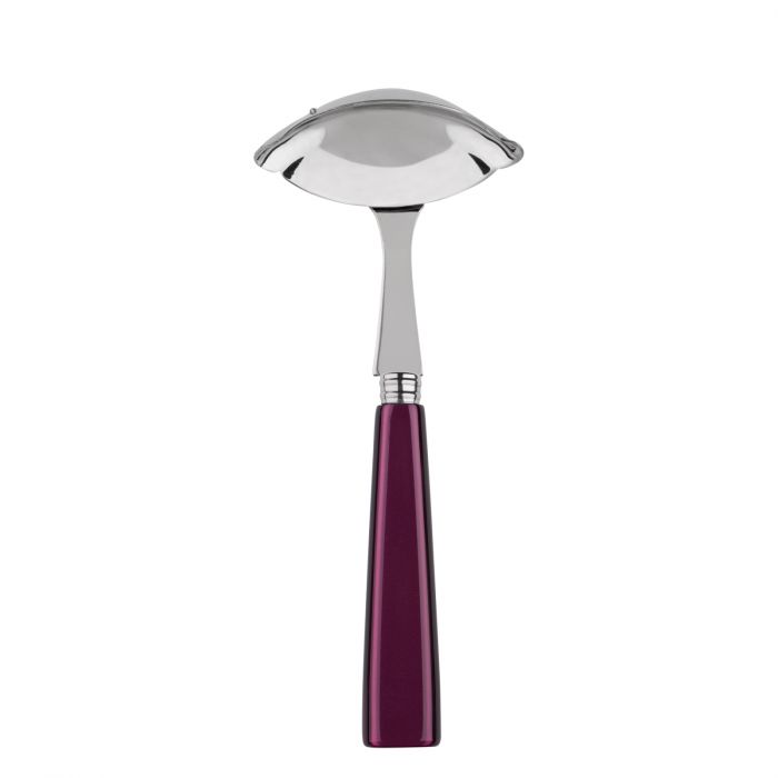 Stainless steel gravy ladle with a curved bowl and a sleek purple handle, designed for elegant serving.