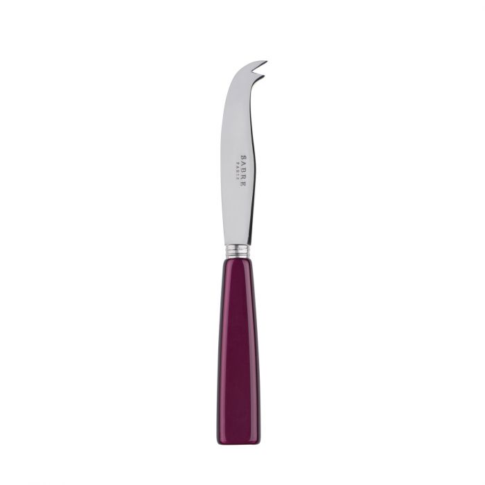 Small cheese knife with a curved stainless steel blade and a deep burgundy handle, designed for precise cutting.