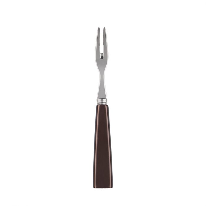 Stainless steel cocktail fork with a sleek brown handle, designed for elegant serving and dining.