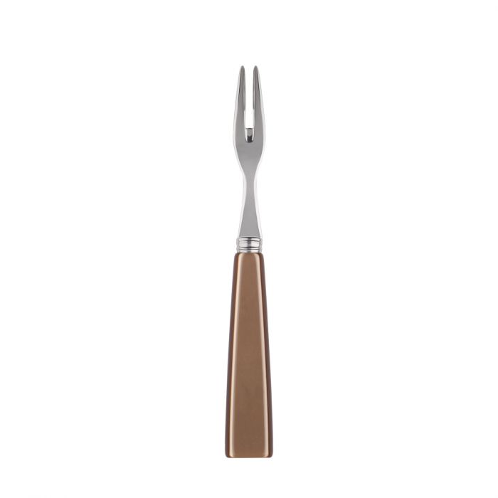 Silver cocktail fork with a sleek, brown handle, designed for elegant serving and dining experiences.