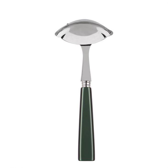 Sleek Sabre Paris Icône gravy ladle with a stainless steel bowl and a dark green handle, perfect for serving sauces.